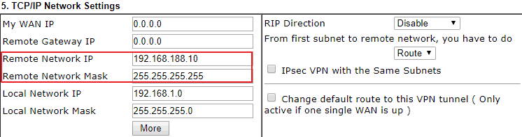 Remote network settings in the VPN profile